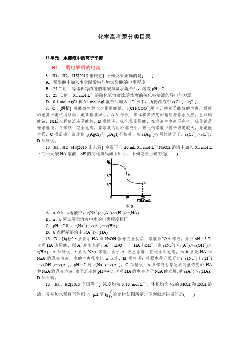 2015年高考化学真题分类汇编H单元 水溶液中的离子平衡