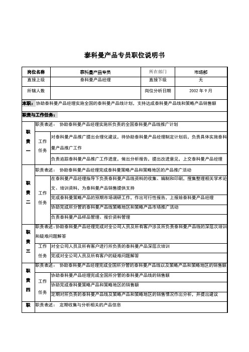 贸易公司市场部泰科曼产品专员职位说明书