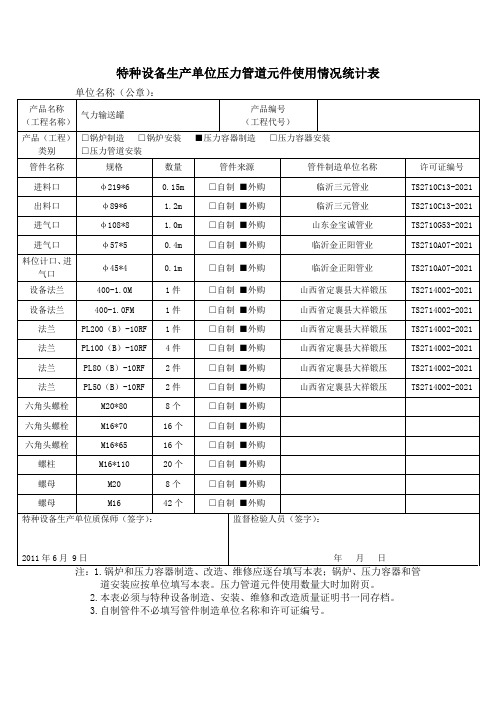 特种设备生产单位压力管道元件使用情况统计表