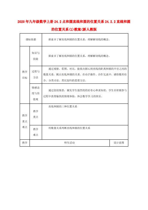 2020年九年级数学上册24.2点和圆直线和圆的位置关系24.2.2直线和圆的位置关系(1)教案(新人教版.doc