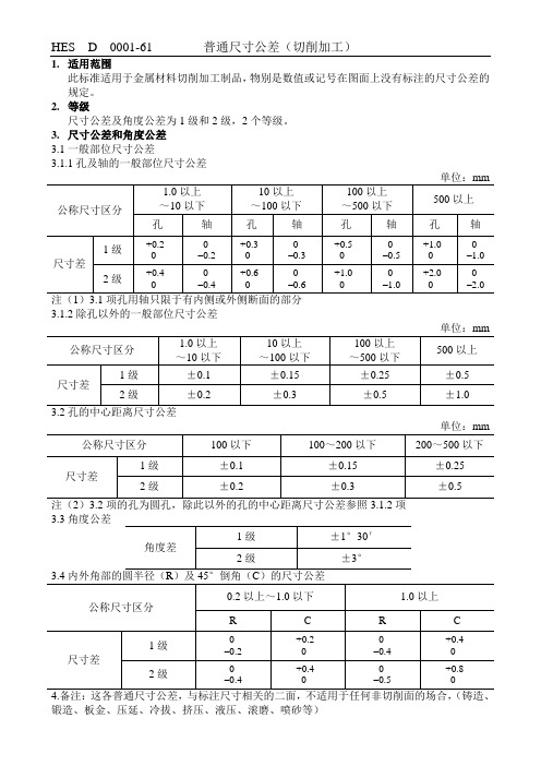 普通尺寸公差(切削加工)