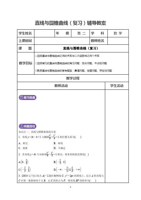 高二寒假 第七讲 直线与圆锥曲线提高篇(理科)