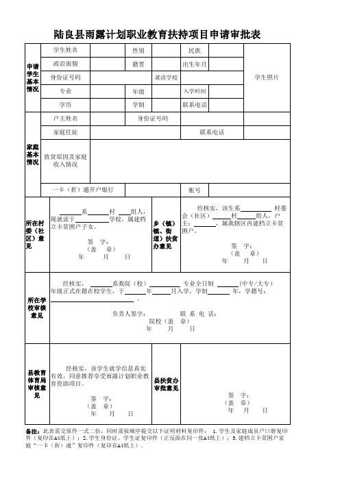 陆良县雨露计划职业教育扶持项目申请审批表