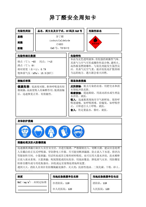 异丁醛安全周知卡、职业危害告知卡、理化特性表