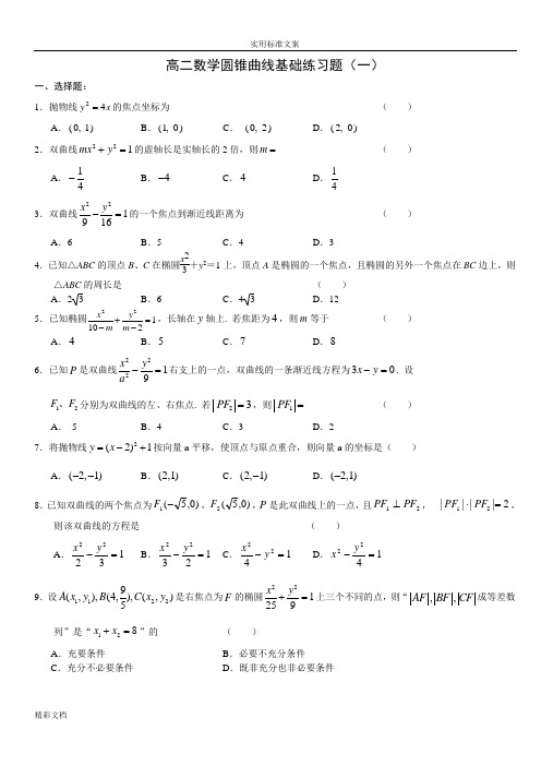 高二数学圆锥曲线基础的练习题一