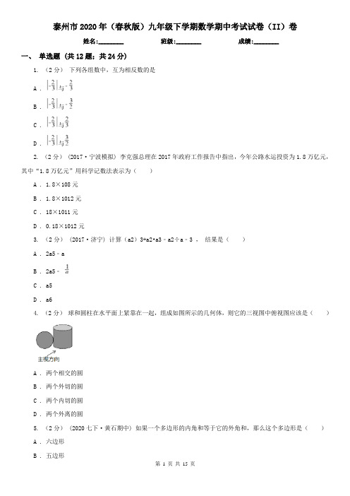 泰州市2020年(春秋版)九年级下学期数学期中考试试卷(II)卷