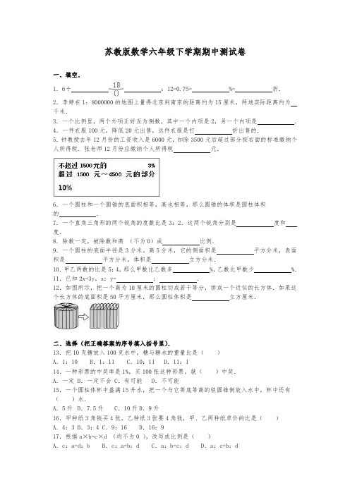 苏教版数学六年级下学期期中测试卷及答案解析11