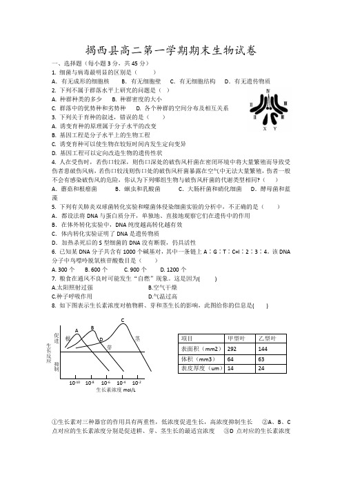 揭西县高二第一学期期末生物试卷7