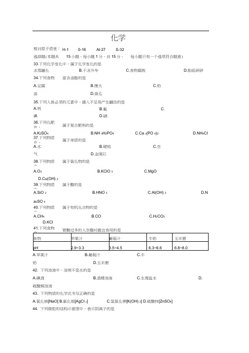 2017年大连市中考化学试题及答案