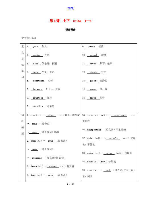 中考英语复习 第一篇 语言基础知识 第3课 七下 Units 1-5基础知识-人教版初中九年级全册英