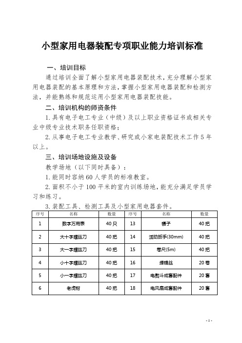 小型家用电器装配专项职业能力培训标准