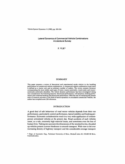 ------Lateral Dynamics of Commercial Vehicle Combinations-A Literature Survey(Vehicle System Dynami