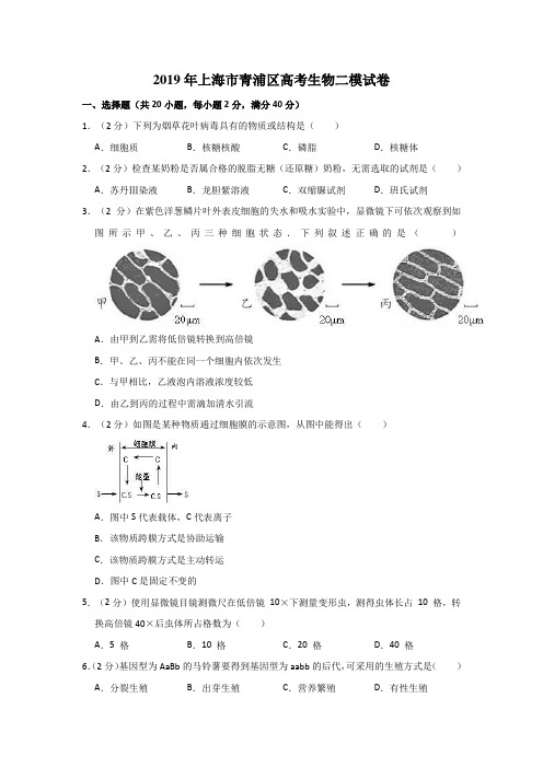 2019年上海市青浦区高考生物二模试卷  解析版