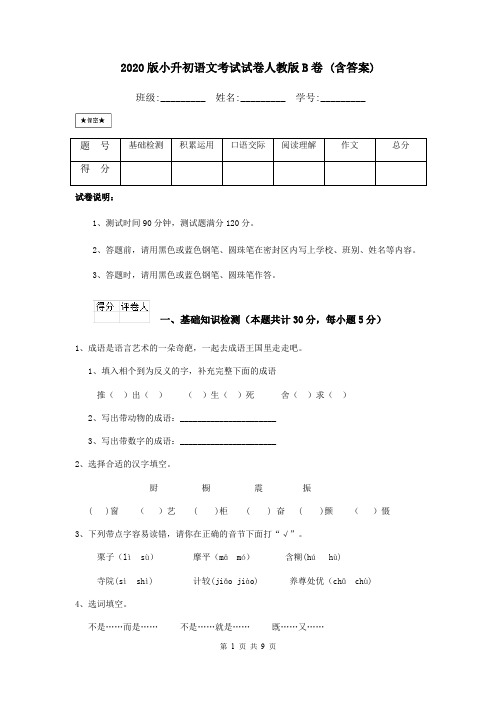 2020版小升初语文考试试卷人教版B卷 (含答案)