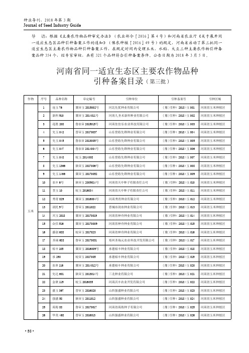 河南省同一适宜生态区主要农作物品种引种备案目录(第三批)