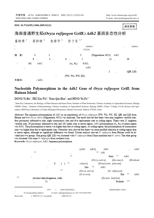 海南普通野生稻（Oryza rufipogon Griff.）Adh2基因多态性分析