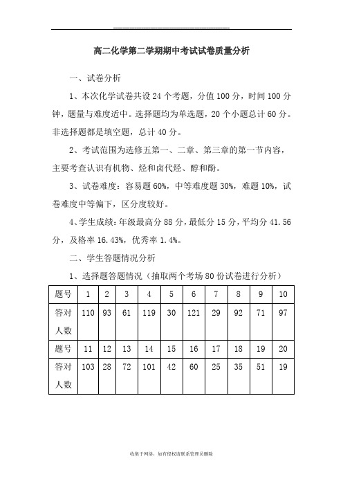 最新高二化学第二学期期中考试试卷质量分析