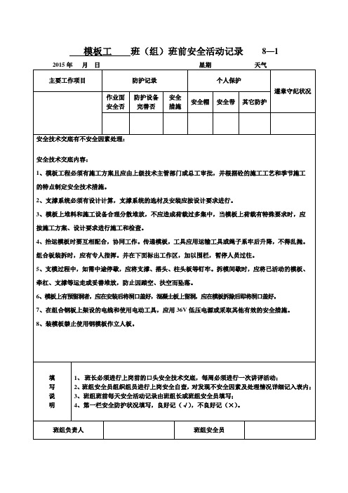 1、模板工    班(组)班前安全活动记录