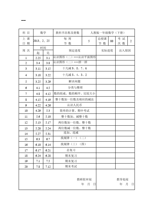 一年级下册数学教学进度表