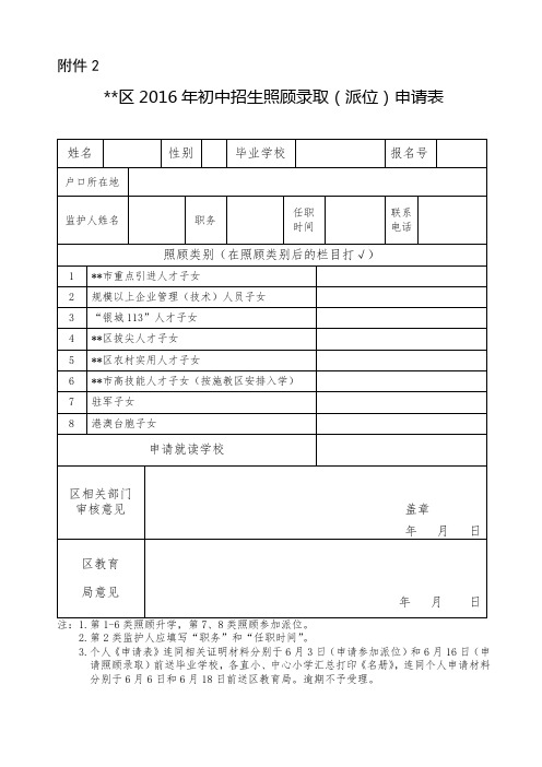 XX区2016年初中招生照顾录取(派位)申请表【模板】