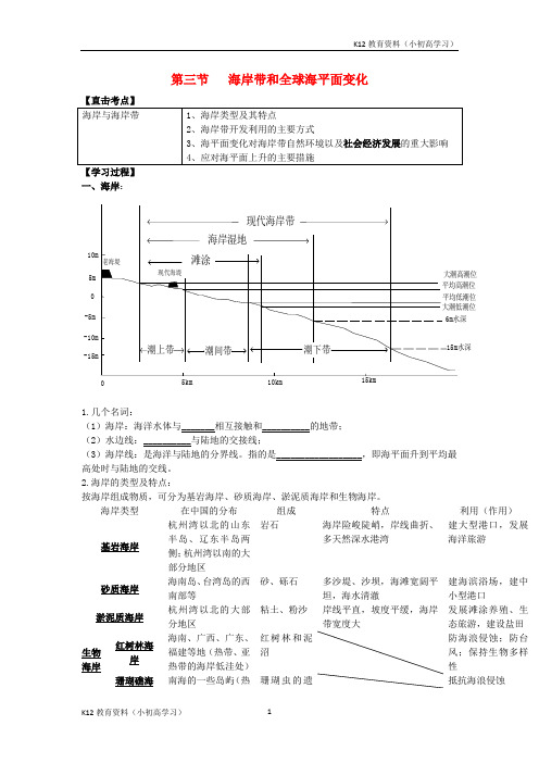 推荐K122017高中地理第一单元探索海洋奥秘第三节海岸带和全球海平面变化学案无答案鲁教版选修2