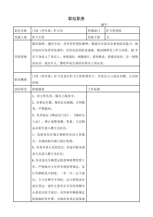 门岗(停车场)护卫员职位职责