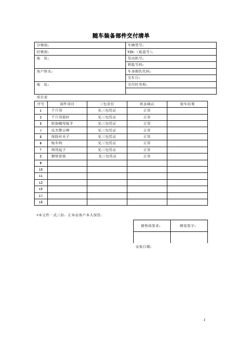 随车装备部件交付清单