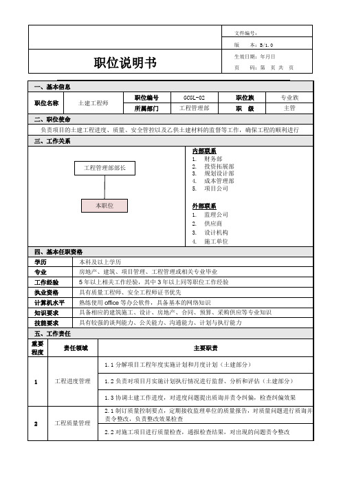 土建工程师主管职位说明书