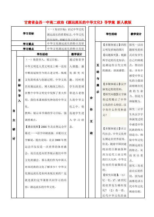 甘肃省金昌一中高二政治《源远流长的中华文化》导学案 新人教版