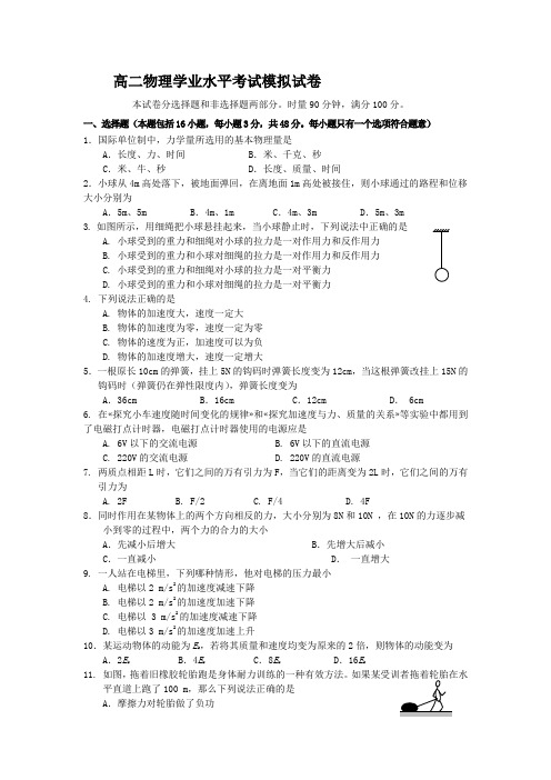 高二物理学业水平考试模拟试卷