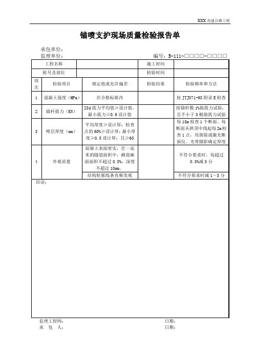 锚喷支护现场质量检验报告单-工程资料表