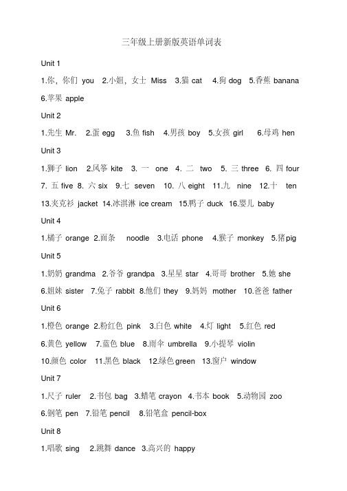 三年级上册新闽教版英语单词表