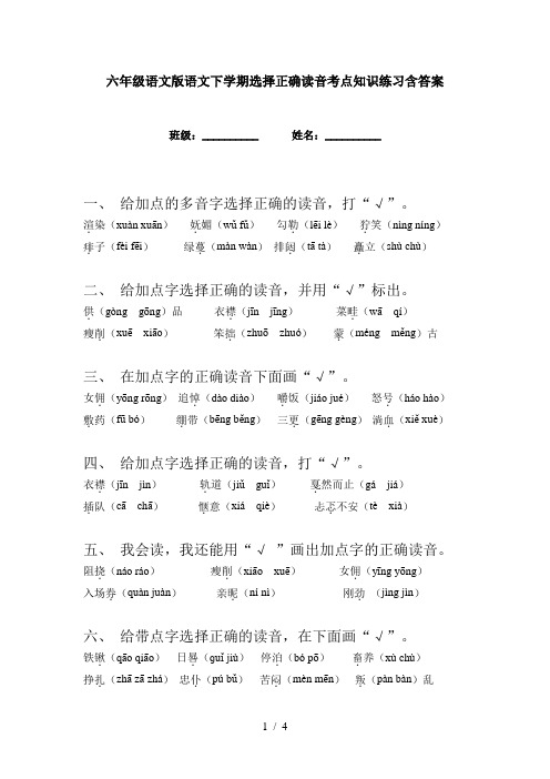 六年级语文版语文下学期选择正确读音考点知识练习含答案