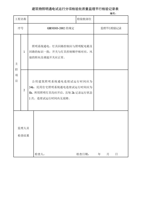 建筑物照明通电试运行分项检验批质量监理平行检验记录表