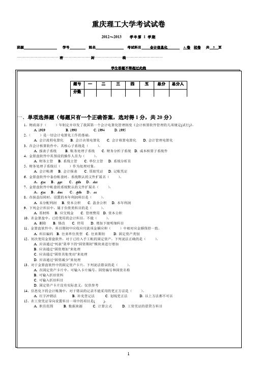 重庆理工大学会计信息化试卷A