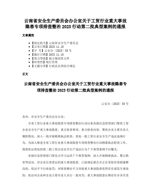 云南省安全生产委员会办公室关于工贸行业重大事故隐患专项排查整治2023行动第二批典型案例的通报