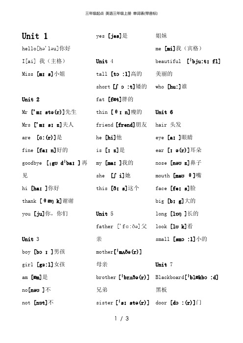 三年级起点 英语三年级上册 单词表(带音标)