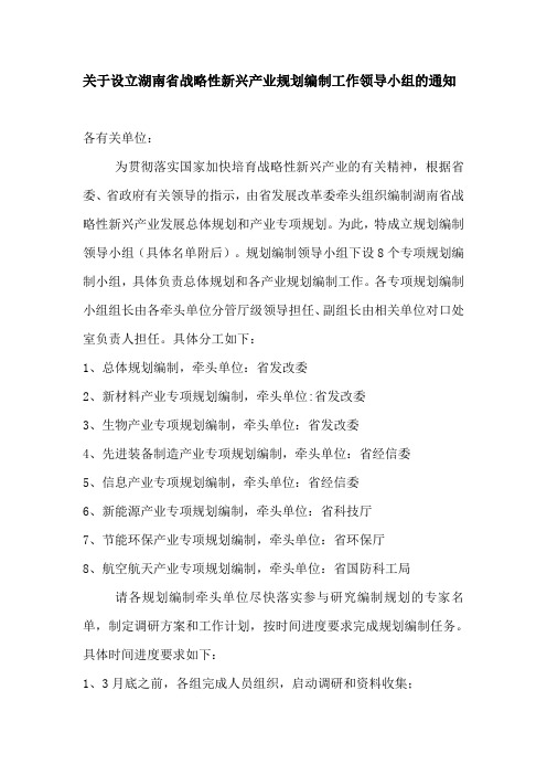 关于设立湖南省战略性新兴产业规划编制工作领导小组的通知