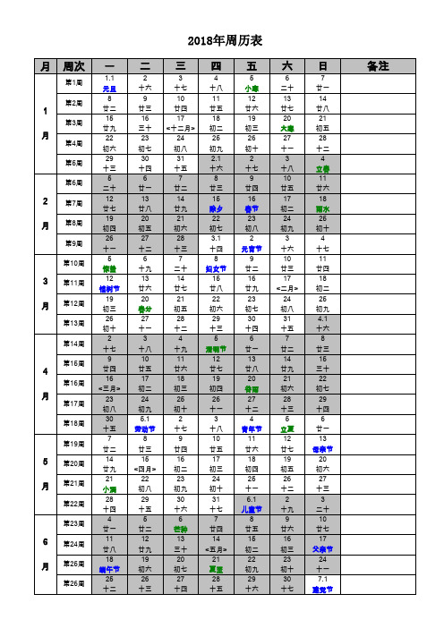 2018年周历表