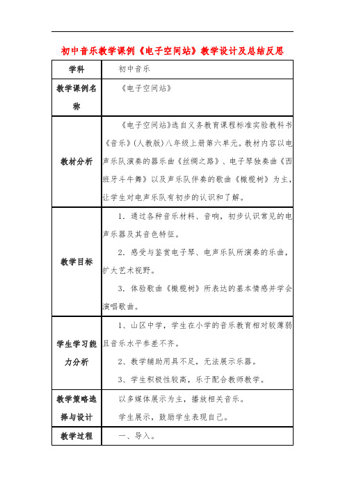 初中音乐教学课例《电子空间站》教学设计及总结反思