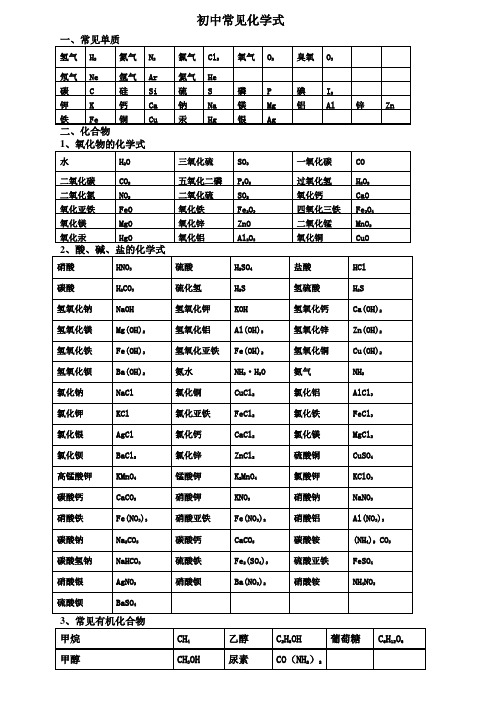 初中常见化学式