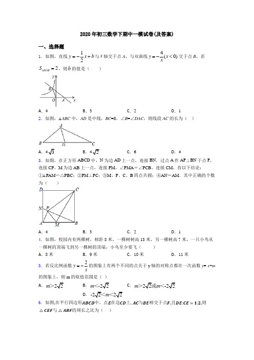 2020年初三数学下期中一模试卷(及答案)