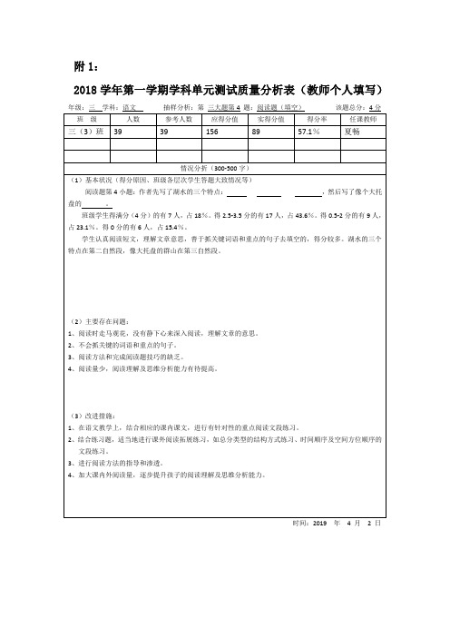 三3班2018学年第一学期学科单元测试质量分析表(夏畅填写表)