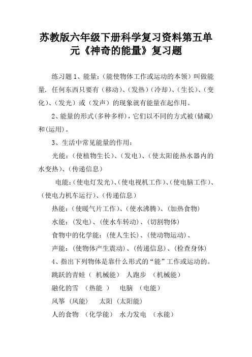 苏教版六年级下册科学复习资料第五单元《神奇的能量》复习题[学习资料]