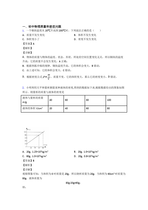 2020-2021中考物理 质量和密度问题 培优易错试卷练习(含答案)