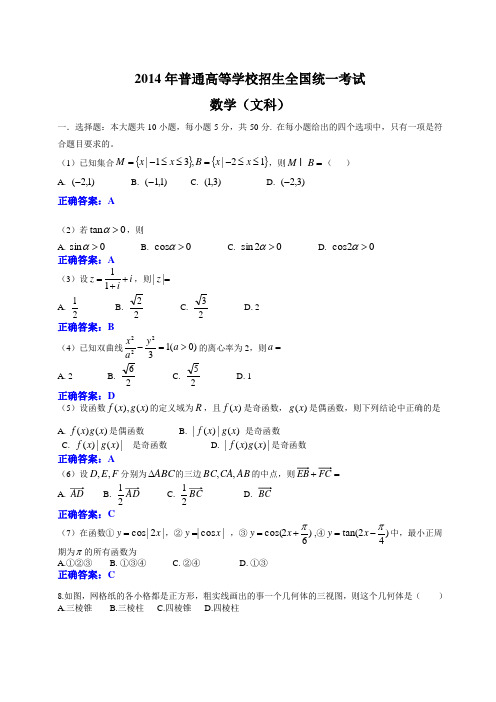 2014年全国高考数学真题 文科 及答案详解