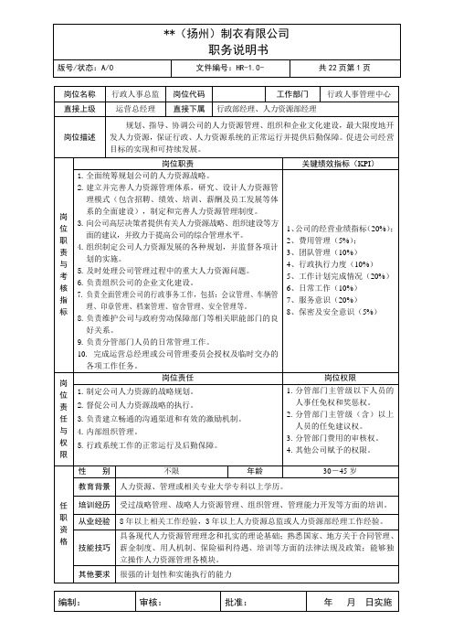 ×××(扬州)制衣有限公司全套岗位说明书(word可编辑版本)-22页