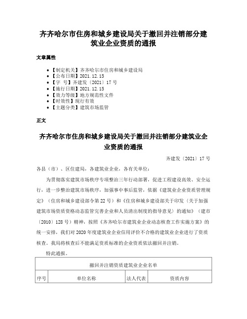 齐齐哈尔市住房和城乡建设局关于撤回并注销部分建筑业企业资质的通报