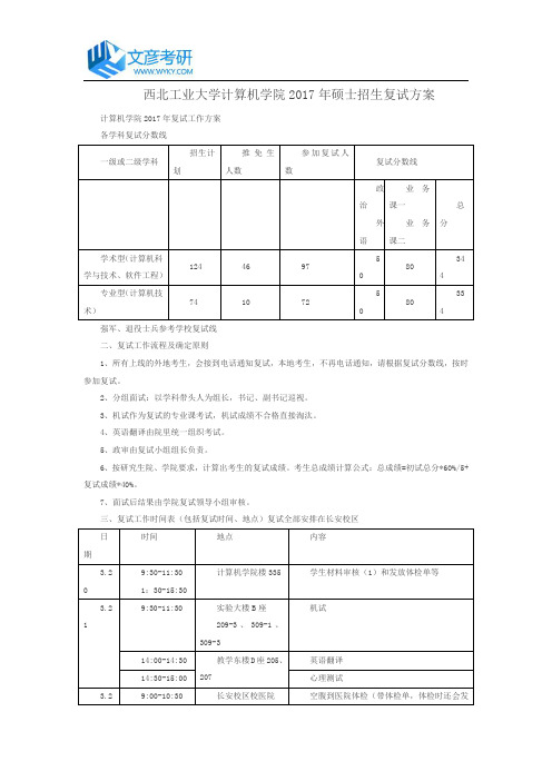 西北工业大学计算机学院2017年硕士招生复试方案_西北工大考研论坛