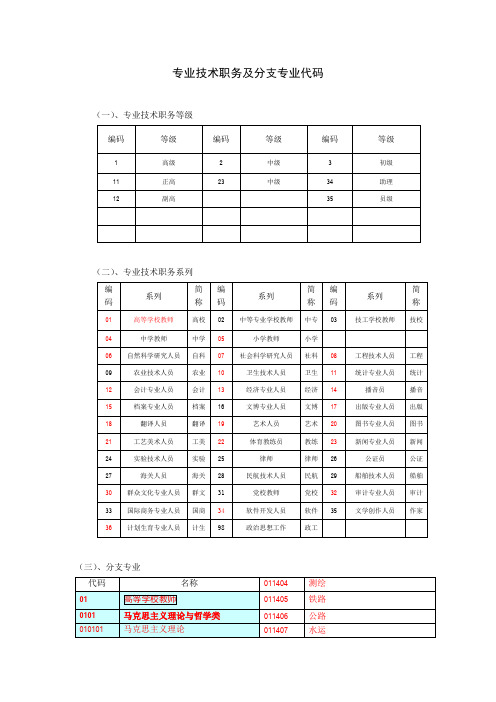 专业技术职务及分支专业代码